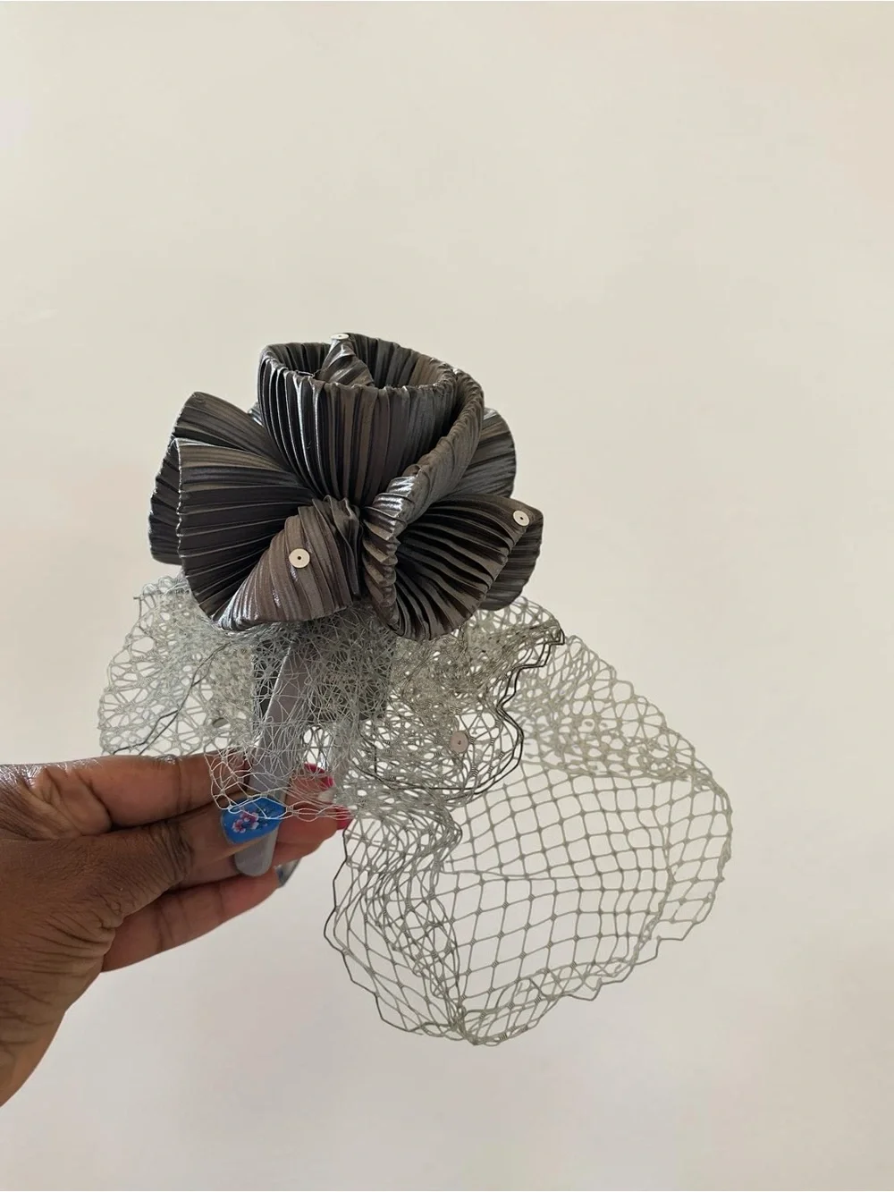 Bellissima Grey Pleated Satin Fascinator Headband with Birdcage Veil